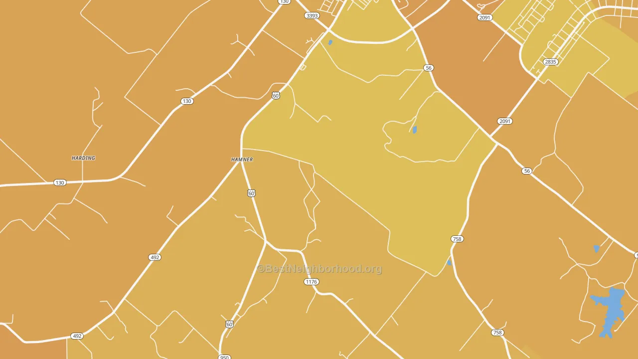 Map of the best neighborhoods in the Hitesville area, with better matches in green and worse matches in red