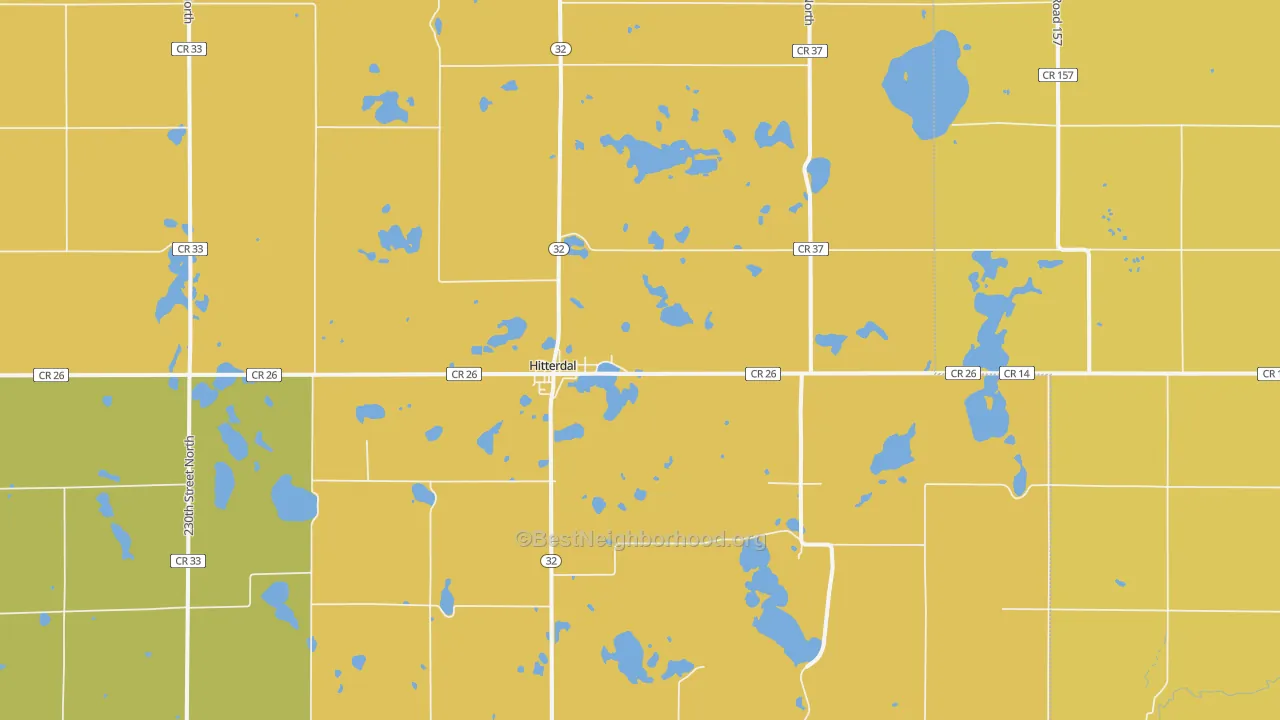 Map of the best neighborhoods in the Hitterdal area, with better matches in green and worse matches in red
