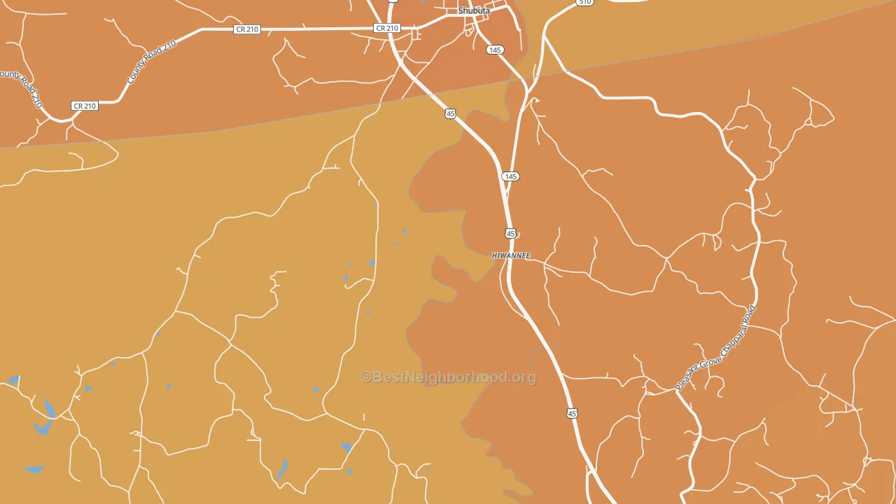 Map of the best neighborhoods in the Hiwannee area, with better matches in green and worse matches in red
