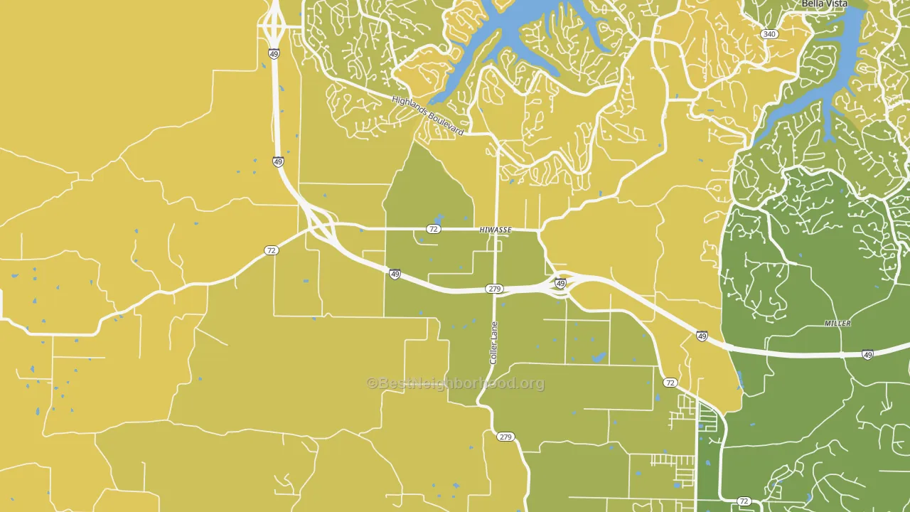 Map of the best neighborhoods in the Hiwasse area, with better matches in green and worse matches in red