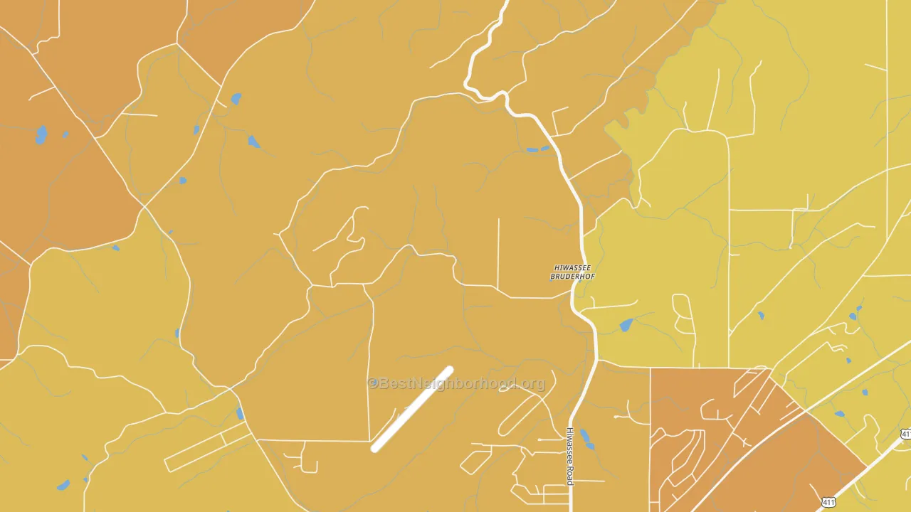 Map of the best neighborhoods in the Hiwassee College area, with better matches in green and worse matches in red