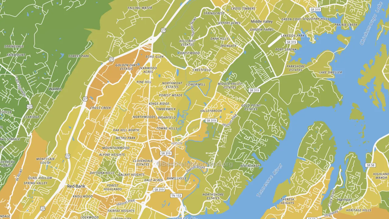 Map of the best neighborhoods in the Hixson area, with better matches in green and worse matches in red