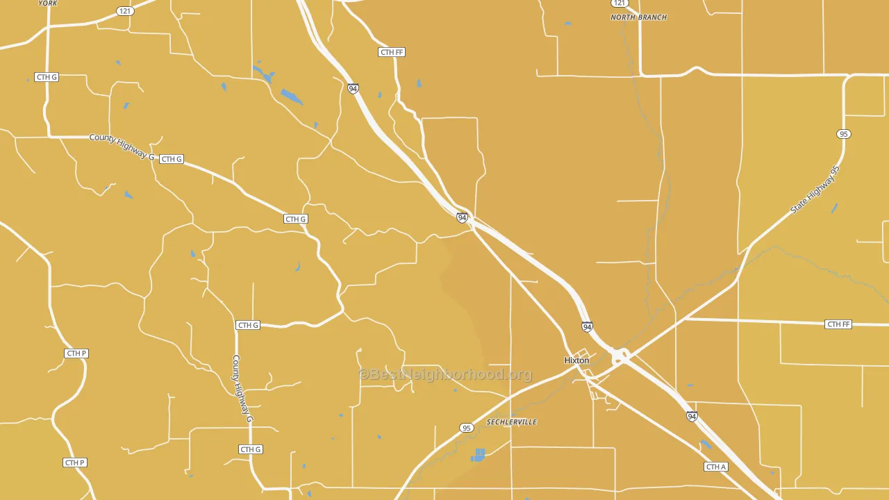 Map of the best neighborhoods in the Hixton area, with better matches in green and worse matches in red