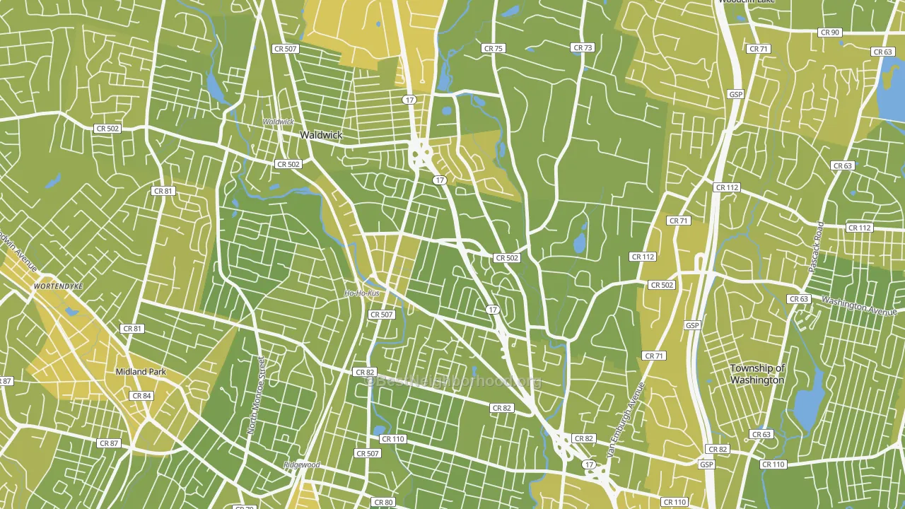 Map of the best neighborhoods in the Ho-Ho-Kus area, with better matches in green and worse matches in red