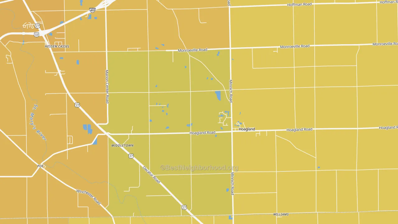 Map of the best neighborhoods in the Hoagland area, with better matches in green and worse matches in red