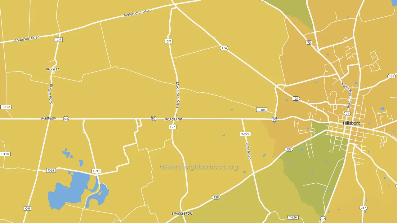 Map of the best neighborhoods in the Hoagland area, with better matches in green and worse matches in red