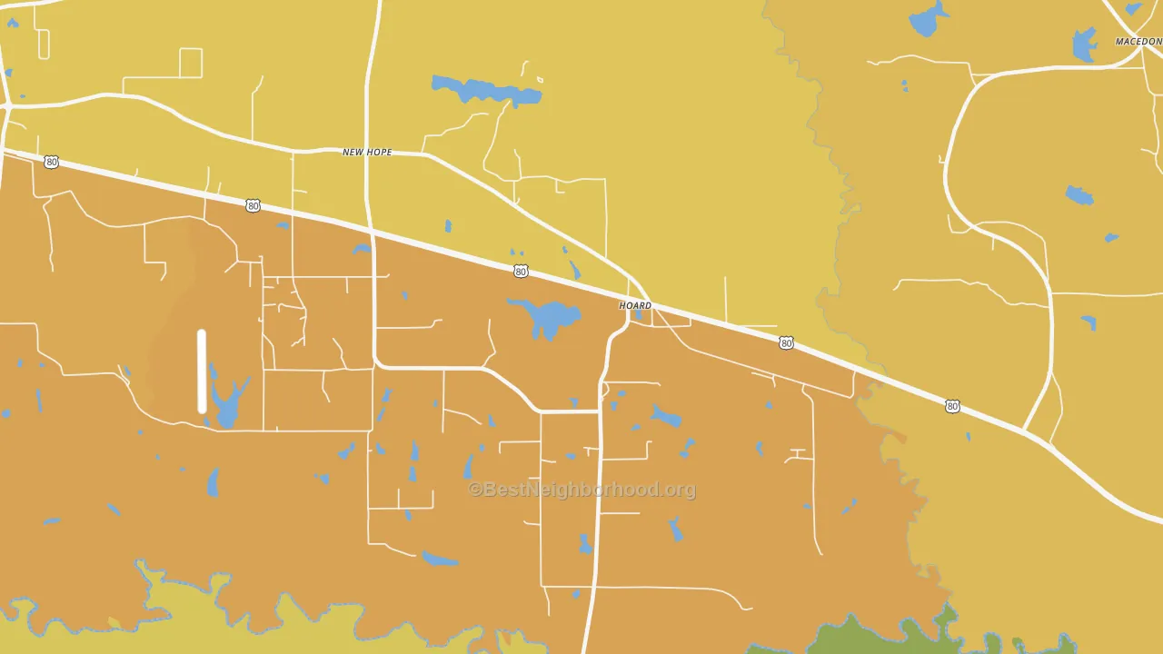 Map of the best neighborhoods in the Hoard area, with better matches in green and worse matches in red