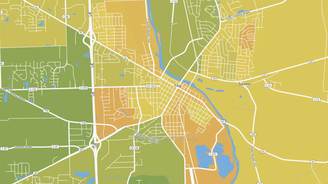 Map of the best neighborhoods in the Hobart Circle Historic District, Troy area, with better matches in green and worse matches in red