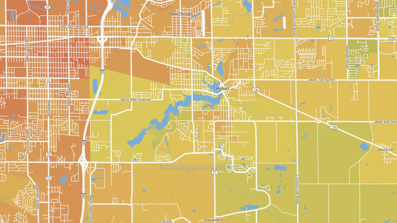 Map of the best neighborhoods in the Hobart area, with better matches in green and worse matches in red