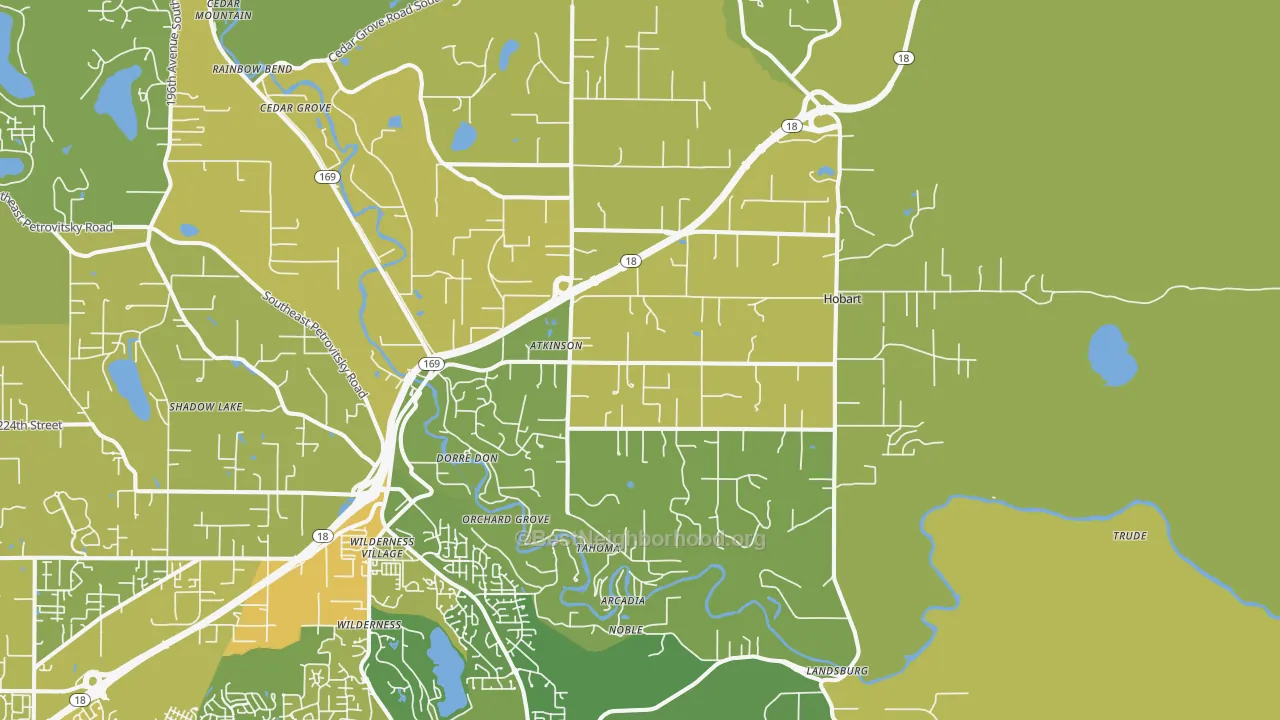 Map of the best neighborhoods in the Hobart area, with better matches in green and worse matches in red