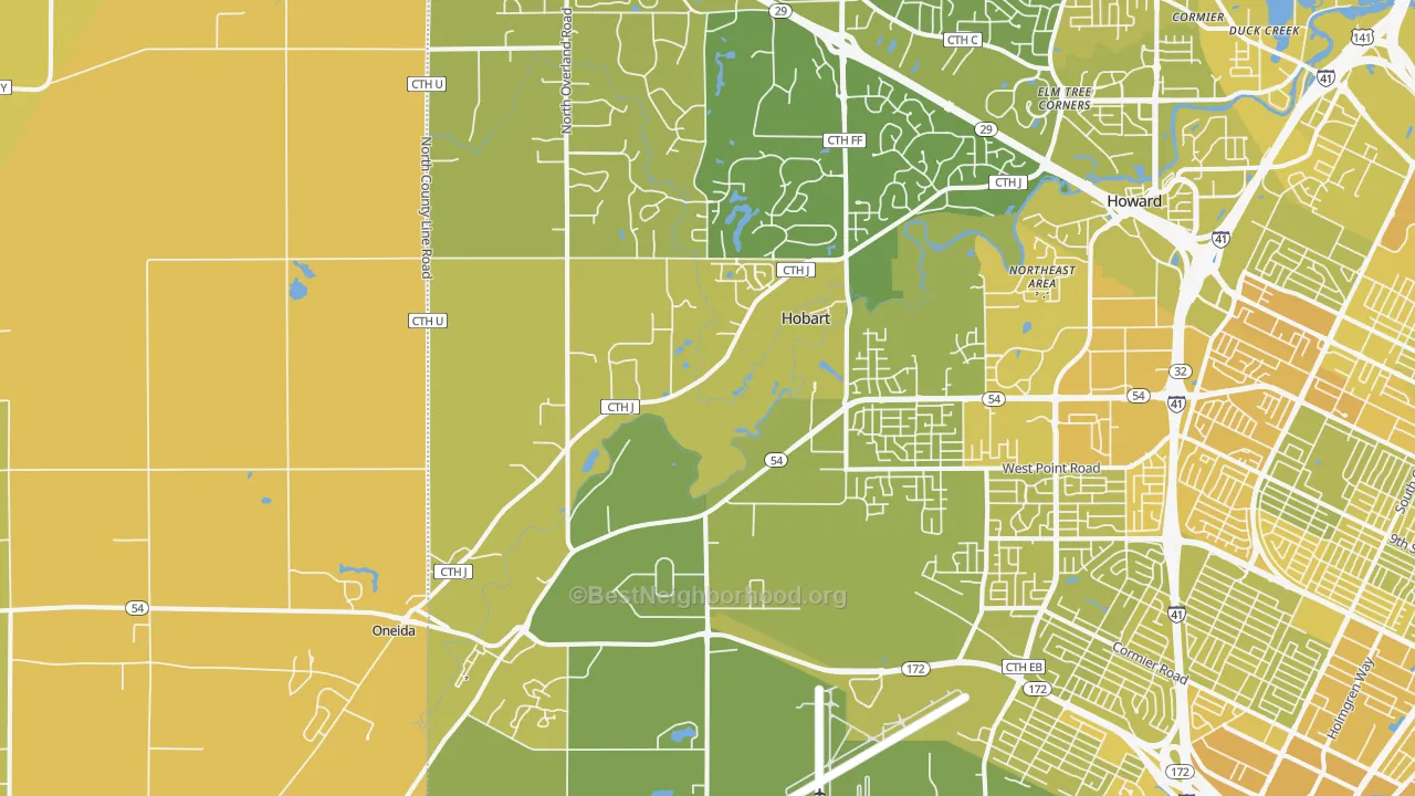 Map of the best neighborhoods in the Hobart area, with better matches in green and worse matches in red
