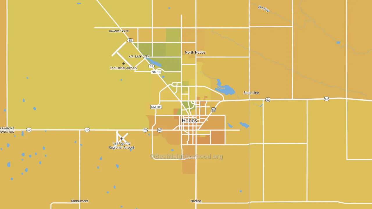 Map of the best neighborhoods in the Hobbs area, with better matches in green and worse matches in red