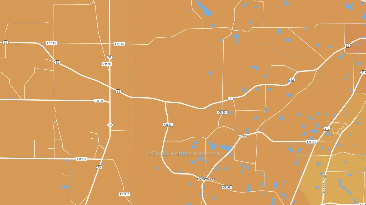 Map of the best neighborhoods in the Hobby area, with better matches in green and worse matches in red