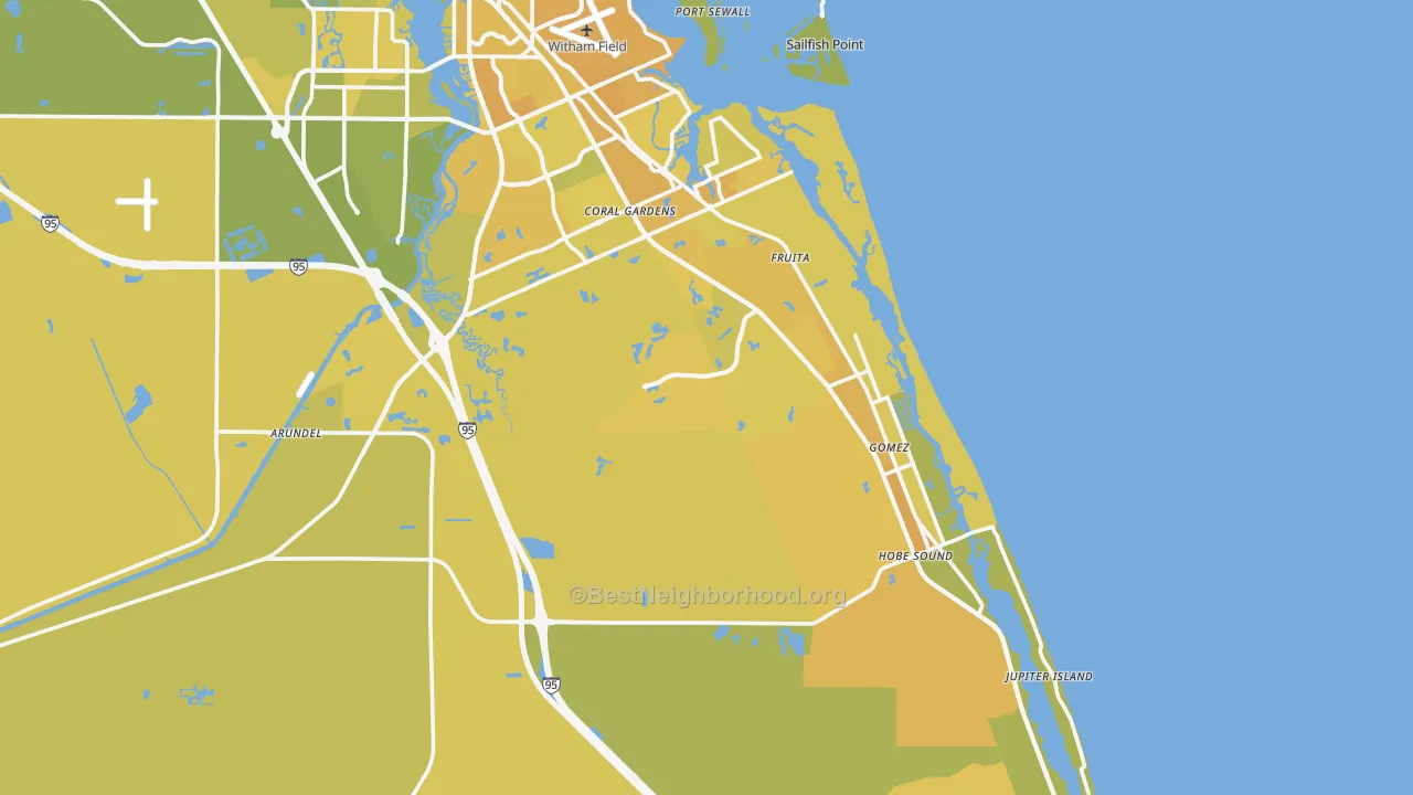 Map of the best neighborhoods in the Hobe Sound area, with better matches in green and worse matches in red