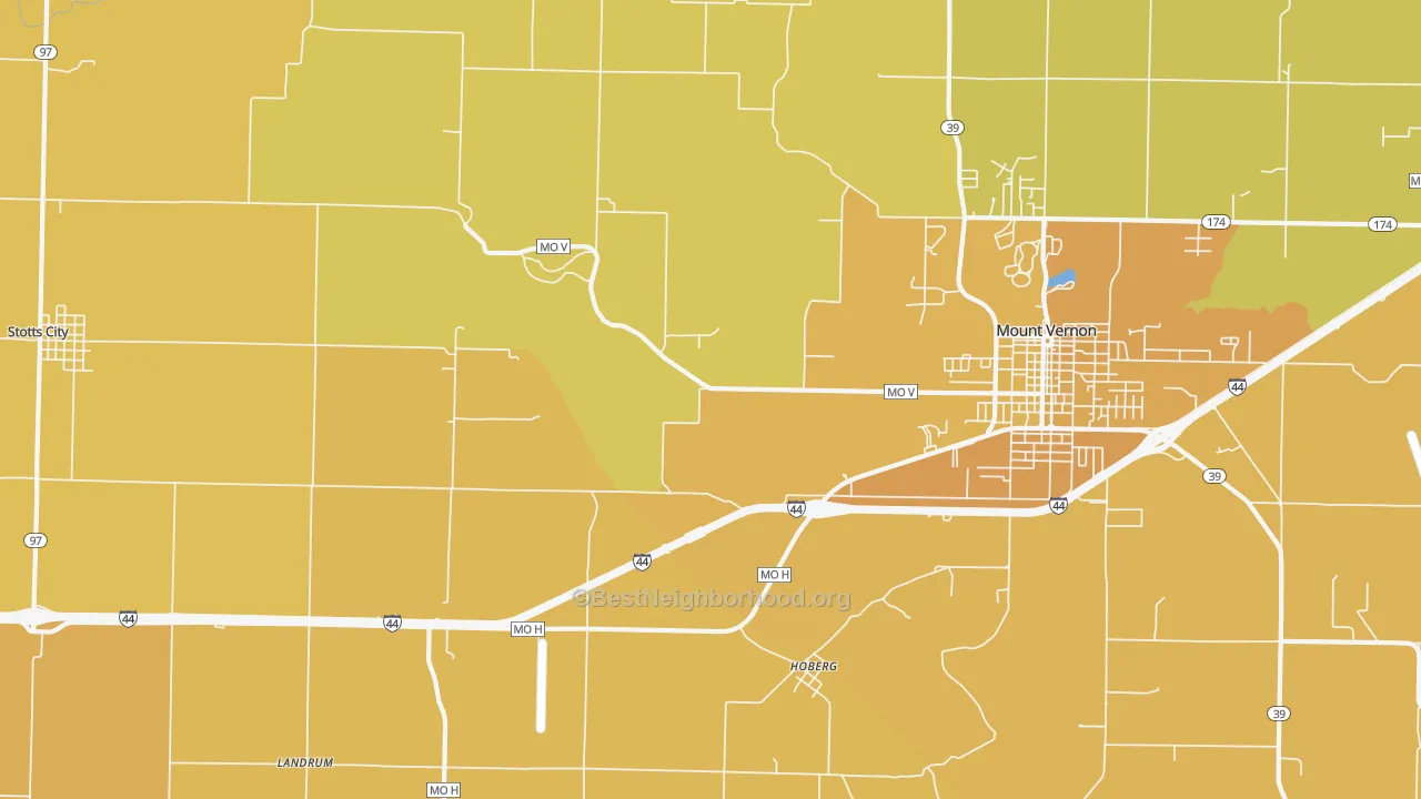 Map of the best neighborhoods in the Hoberg area, with better matches in green and worse matches in red
