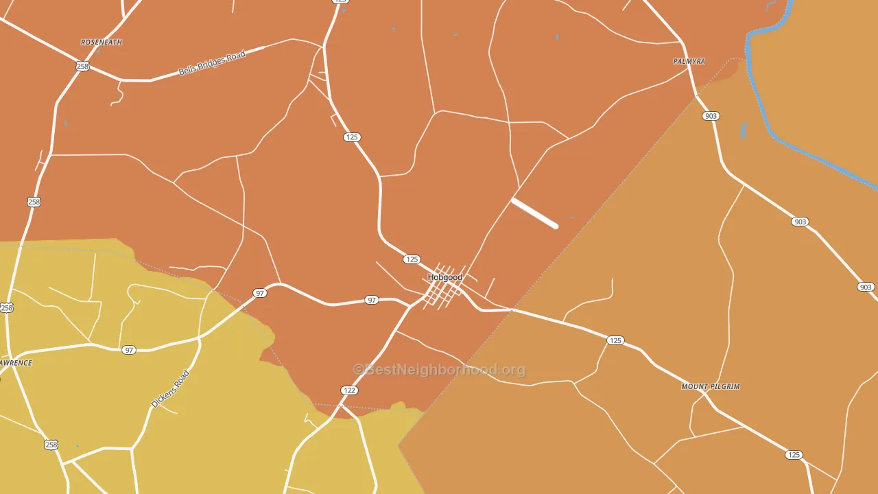 Map of the best neighborhoods in the Hobgood area, with better matches in green and worse matches in red