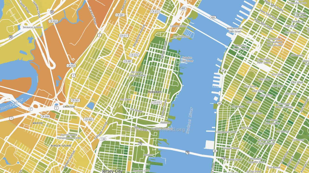 Map of the best neighborhoods in the Hoboken area, with better matches in green and worse matches in red