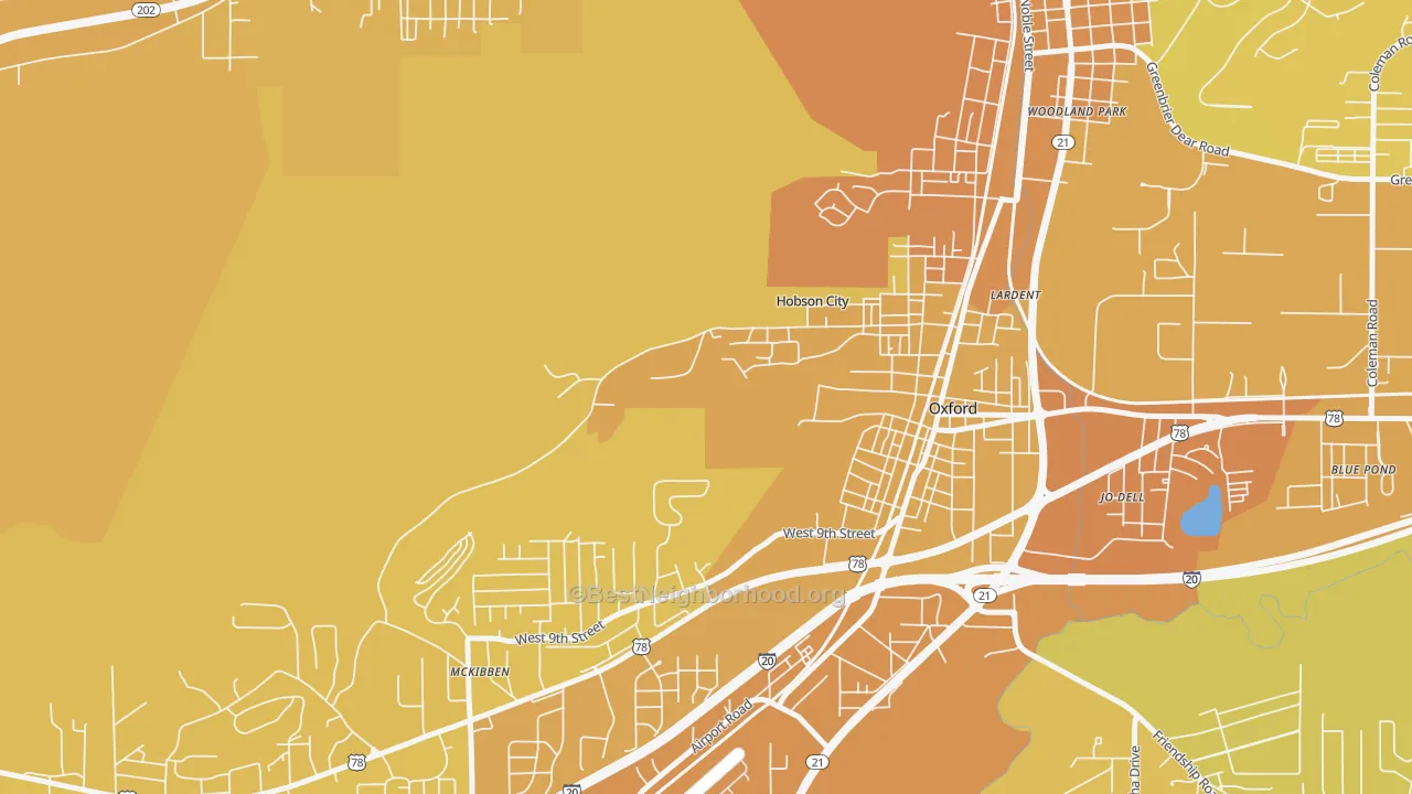 Map of the best neighborhoods in the Hobson City area, with better matches in green and worse matches in red