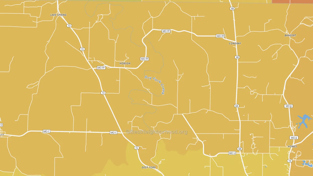 Map of the best neighborhoods in the Hobson area, with better matches in green and worse matches in red