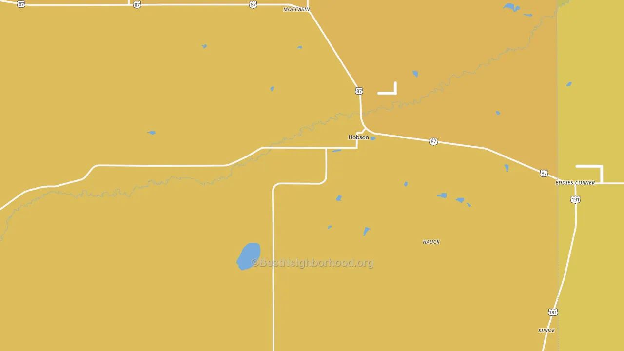 Map of the best neighborhoods in the Hobson area, with better matches in green and worse matches in red