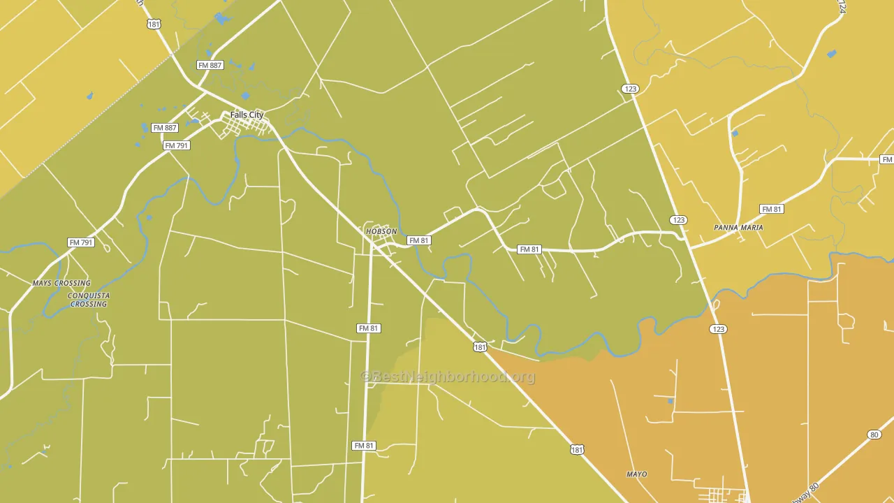 Map of the best neighborhoods in the Hobson area, with better matches in green and worse matches in red