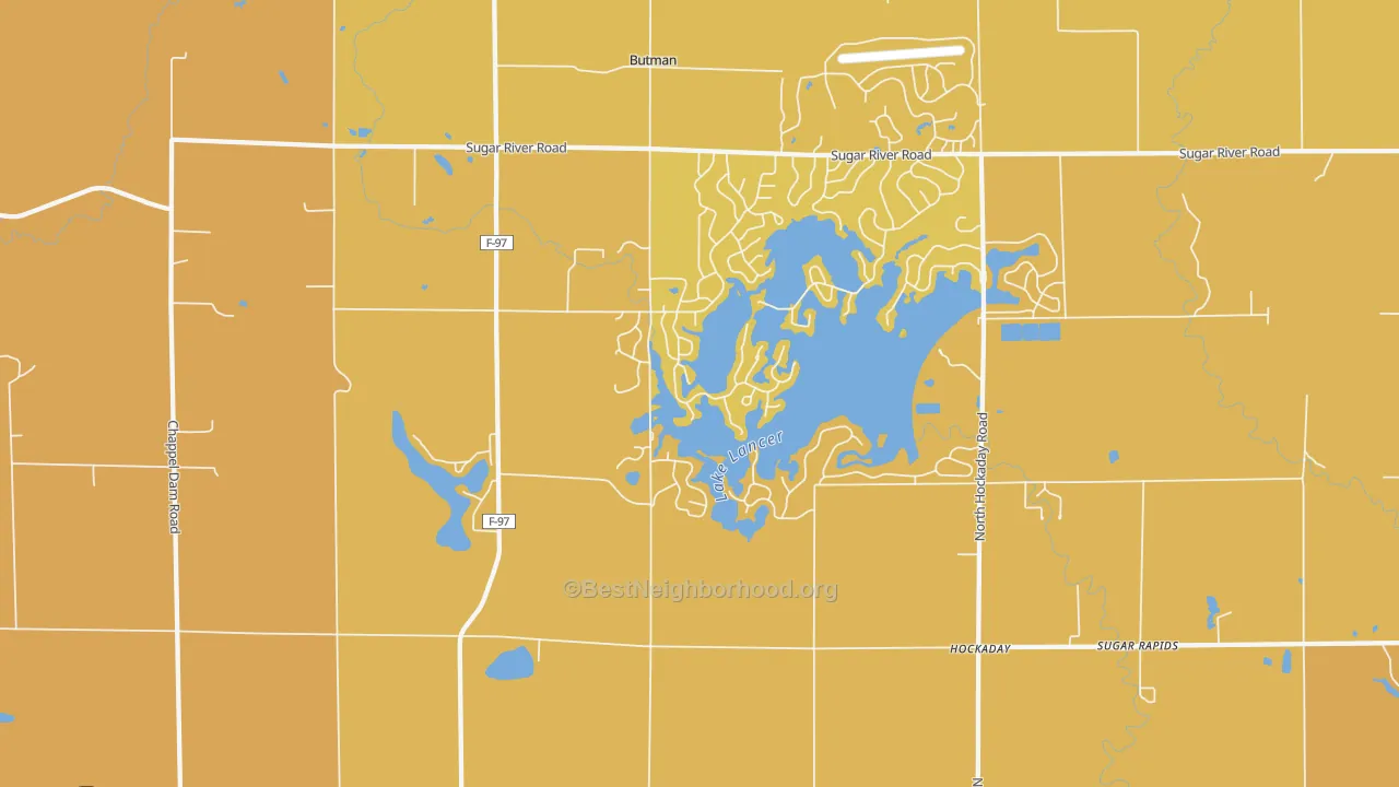 Map of the best neighborhoods in the Hockaday area, with better matches in green and worse matches in red