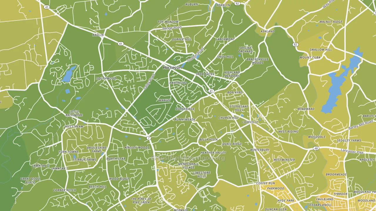 Map of the best neighborhoods in the Hockessin area, with better matches in green and worse matches in red