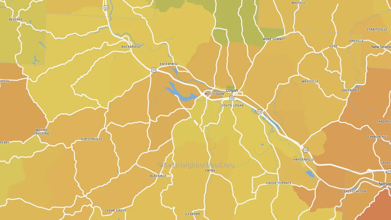 Map of the best neighborhoods in the Hocking County area, with better matches in green and worse matches in red
