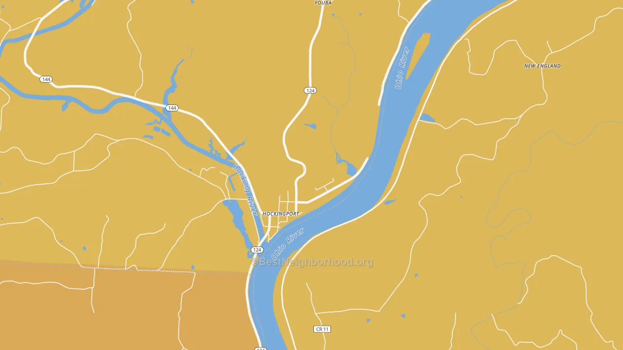 Map of the best neighborhoods in the Hockingport area, with better matches in green and worse matches in red