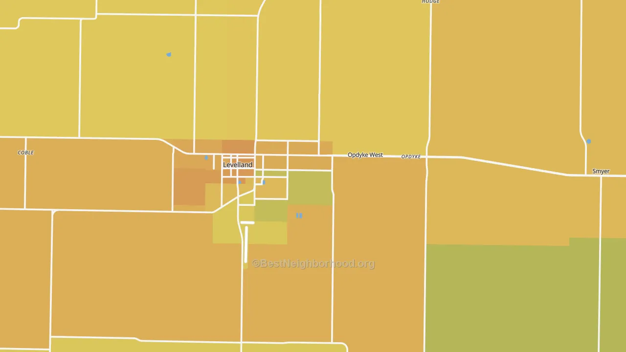 Map of the best neighborhoods in the Hockley County area, with better matches in green and worse matches in red
