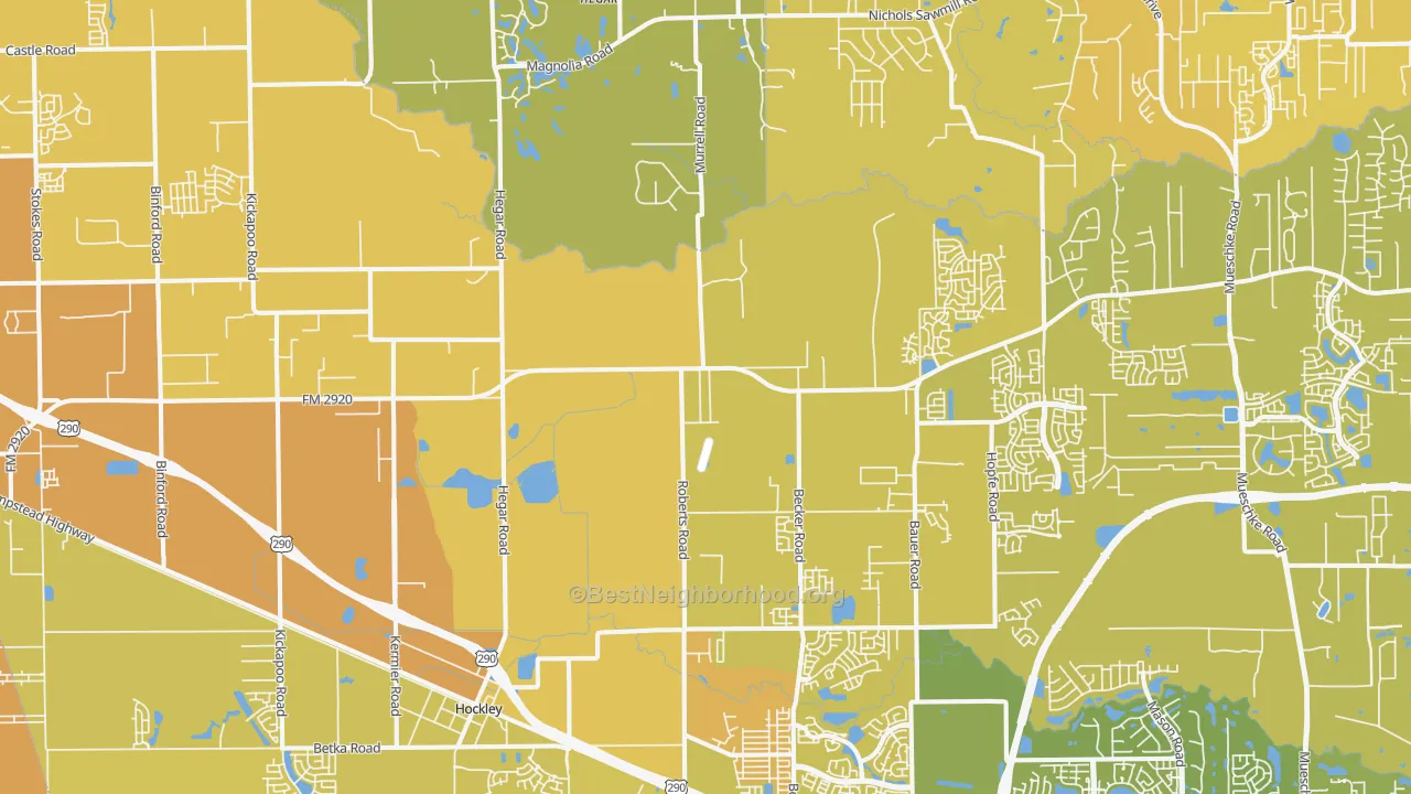 Map of the best neighborhoods in the Hockley area, with better matches in green and worse matches in red