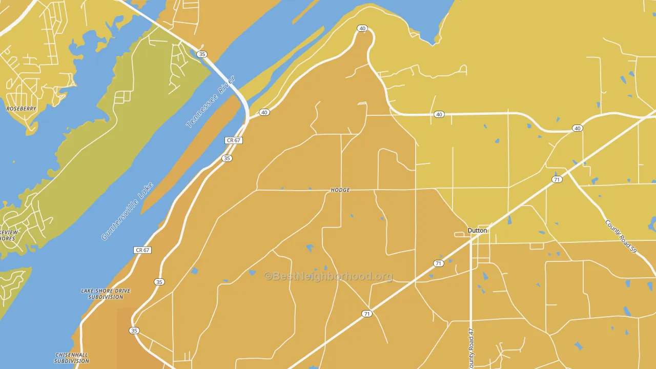 Map of the best neighborhoods in the Hodge area, with better matches in green and worse matches in red