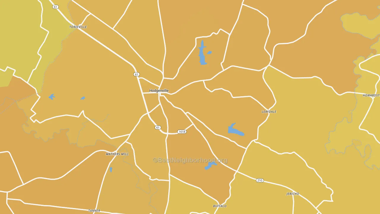 Map of the best neighborhoods in the Hodgenville area, with better matches in green and worse matches in red