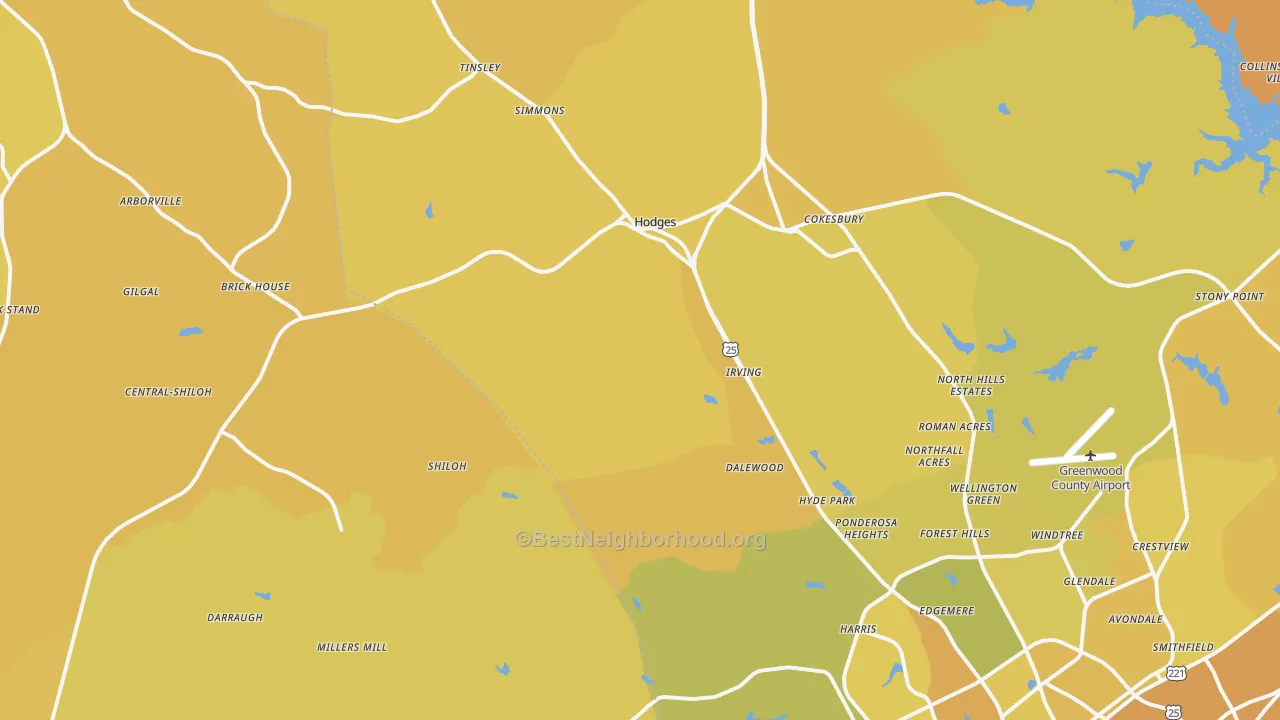 Map of the best neighborhoods in the Hodges area, with better matches in green and worse matches in red