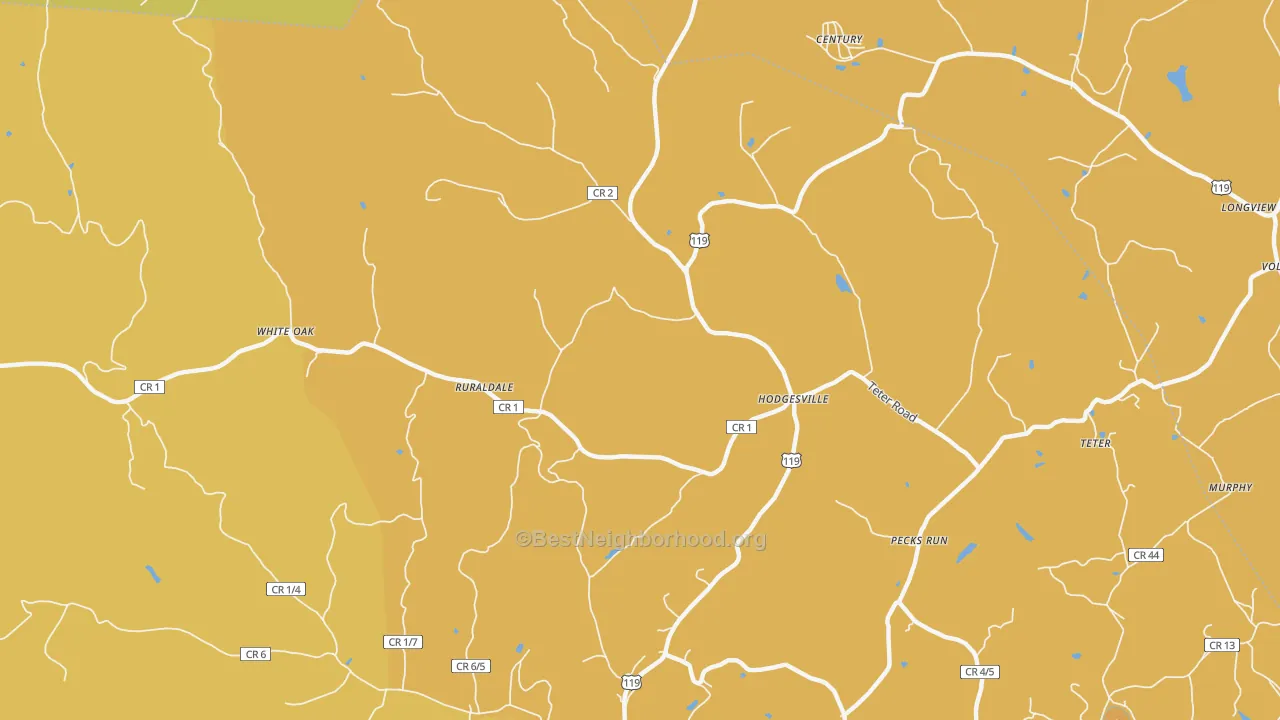 Map of the best neighborhoods in the Hodgesville area, with better matches in green and worse matches in red