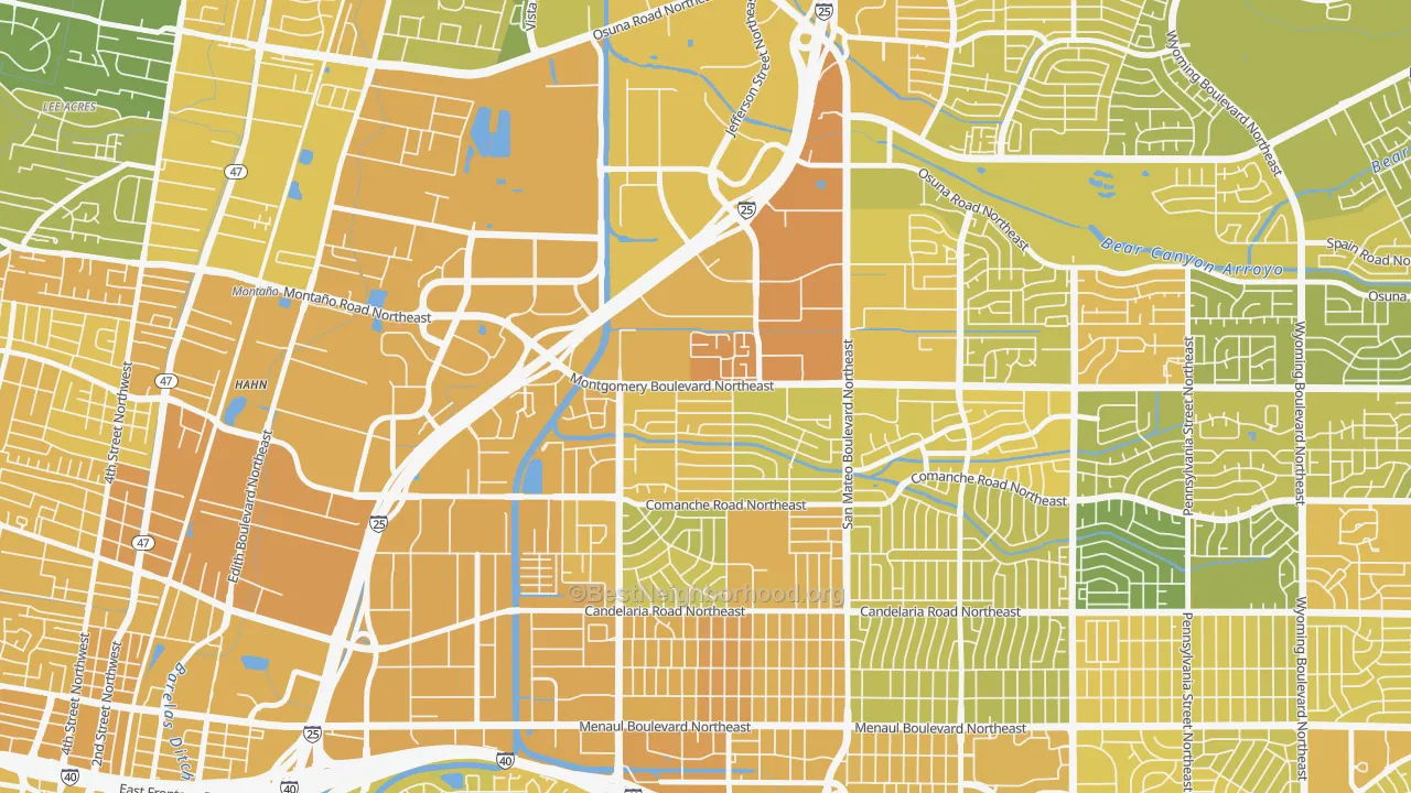 Map of the best neighborhoods in the Hodgin, Albuquerque area, with better matches in green and worse matches in red