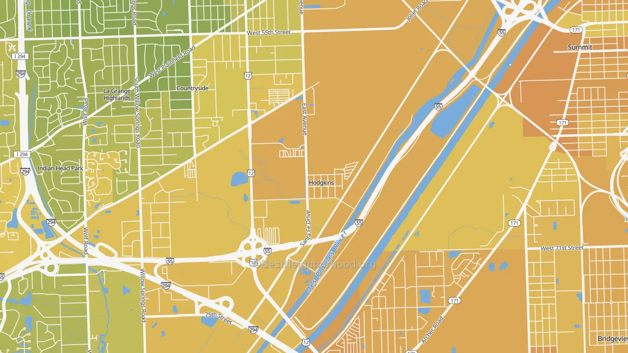 Map of the best neighborhoods in the Hodgkins area, with better matches in green and worse matches in red