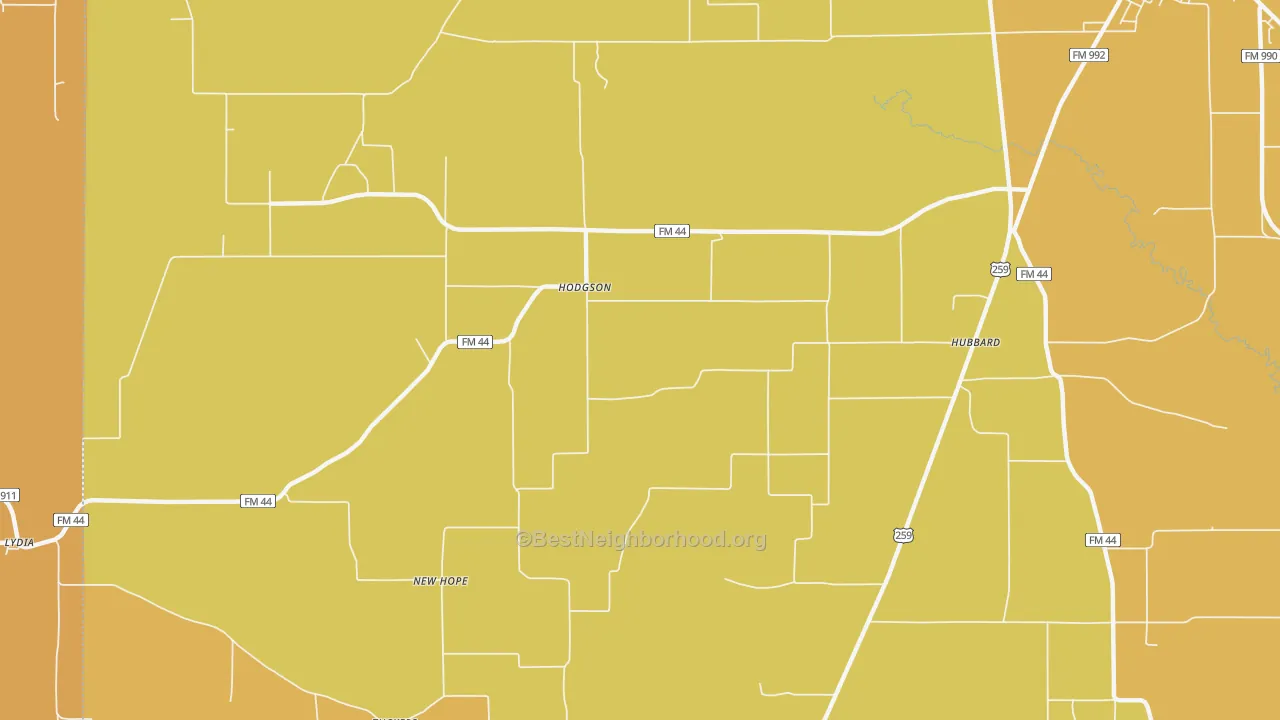 Map of the best neighborhoods in the Hodgson area, with better matches in green and worse matches in red