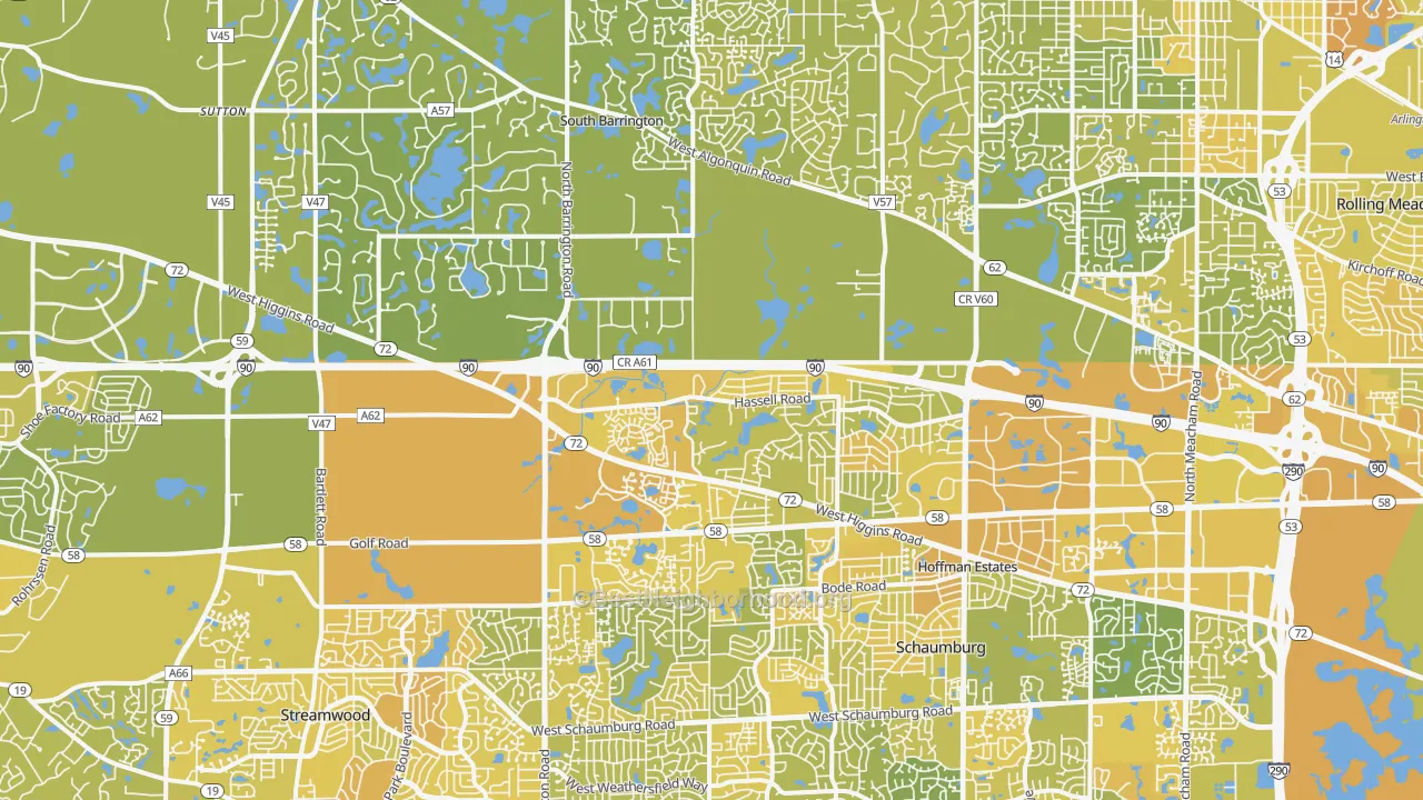 Map of the best neighborhoods in the Hoffman Estates area, with better matches in green and worse matches in red