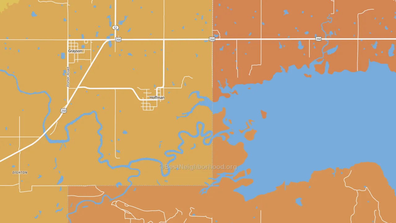 Map of the best neighborhoods in the Hoffman area, with better matches in green and worse matches in red