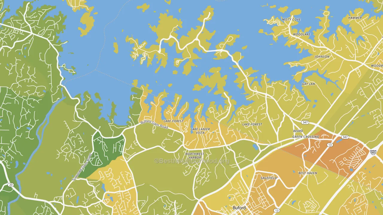Map of the best neighborhoods in the Hog Mountain area, with better matches in green and worse matches in red