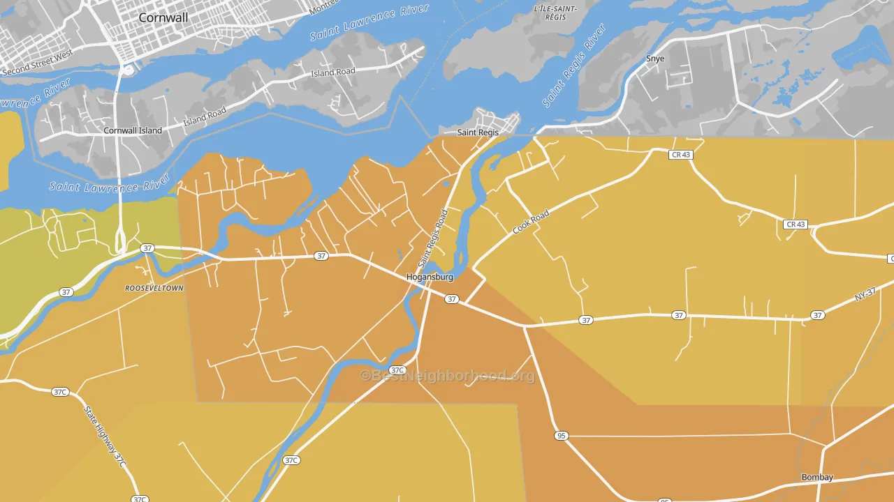 Map of the best neighborhoods in the Hogansburg area, with better matches in green and worse matches in red