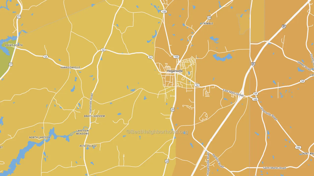 Map of the best neighborhoods in the Hogansville area, with better matches in green and worse matches in red