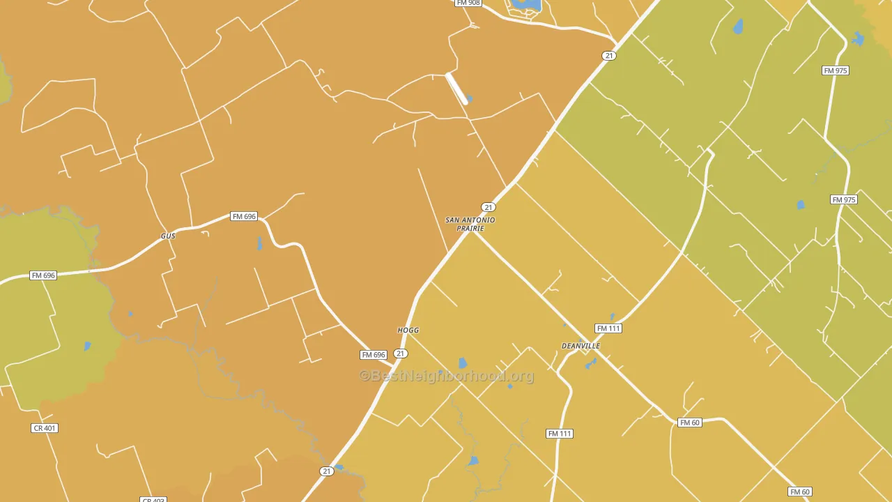 Map of the best neighborhoods in the Hogg area, with better matches in green and worse matches in red