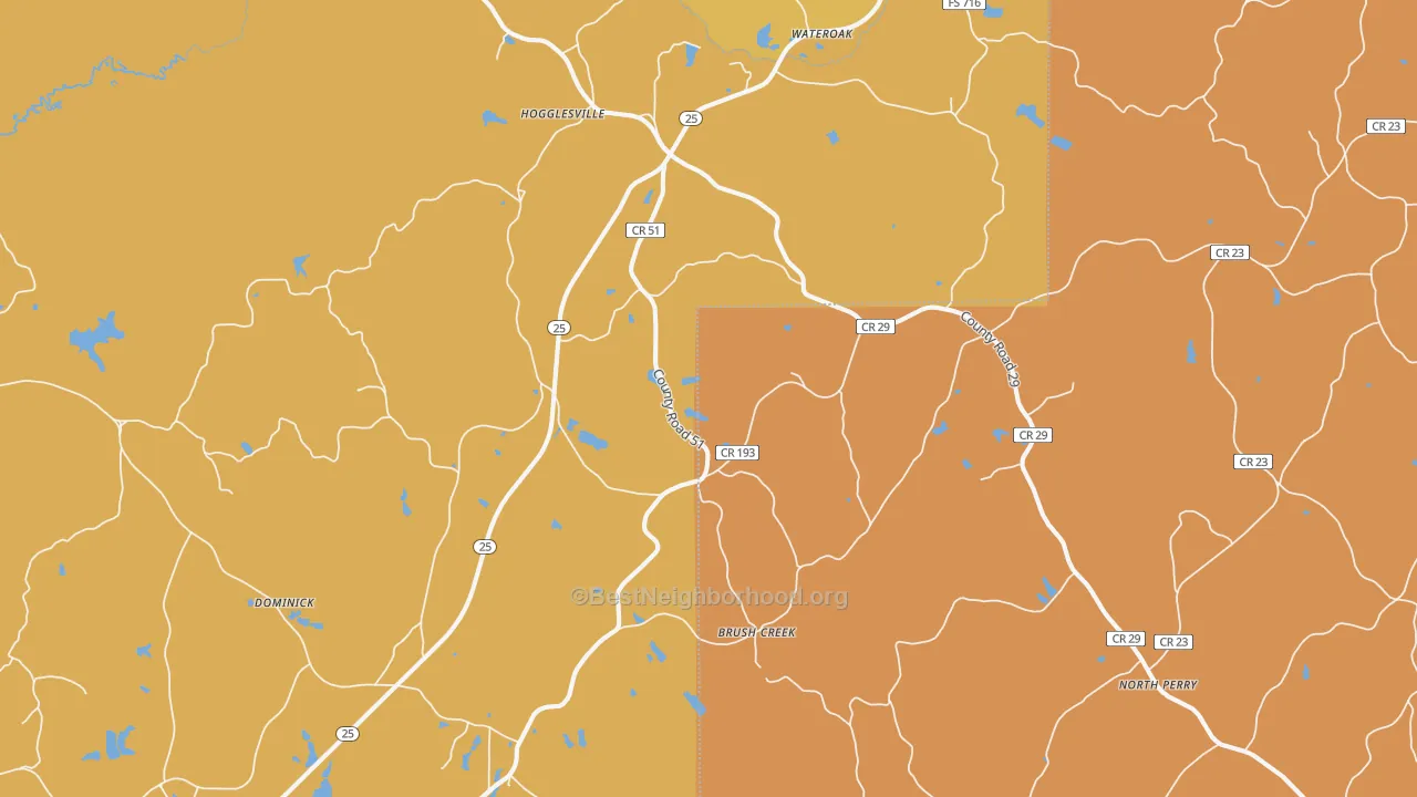 Map of the best neighborhoods in the Hogglesville area, with better matches in green and worse matches in red
