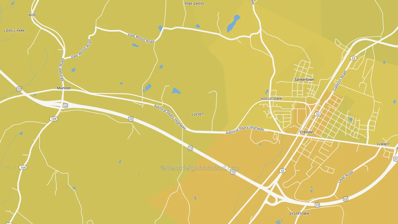 Map of the best neighborhoods in the Hoguetown area, with better matches in green and worse matches in red