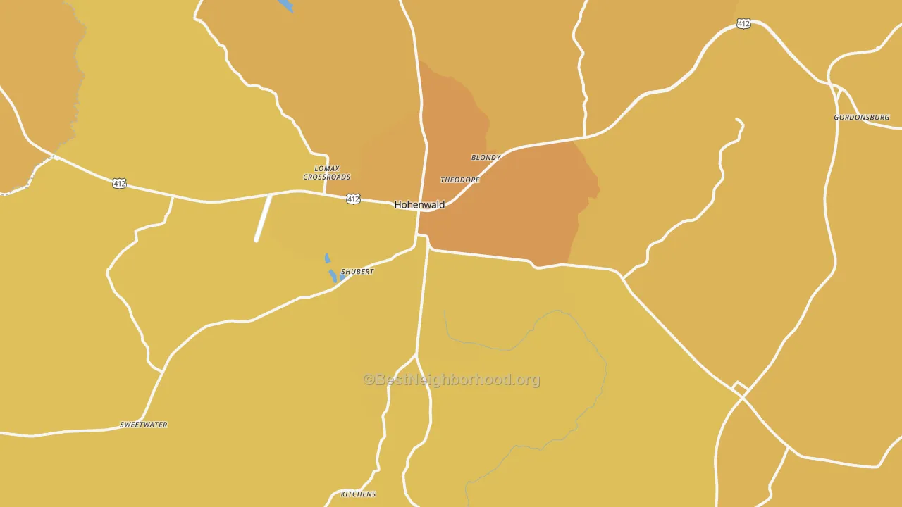 Map of the best neighborhoods in the Hohenwald area, with better matches in green and worse matches in red
