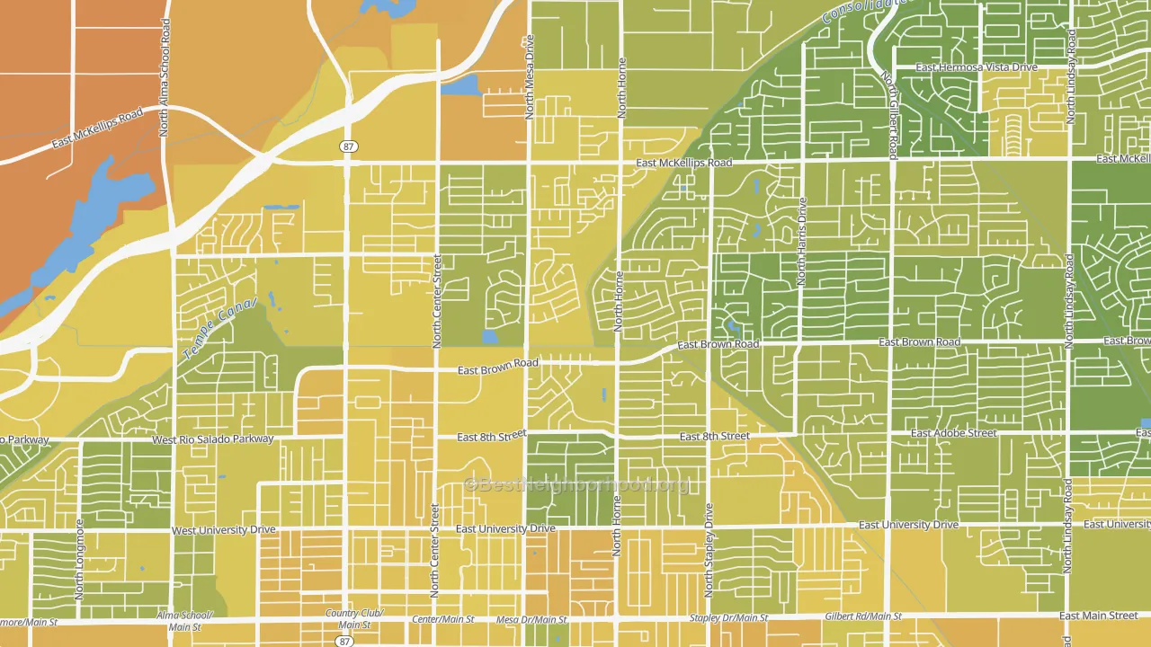 Map of the best neighborhoods in the Hohokam Village, Mesa area, with better matches in green and worse matches in red
