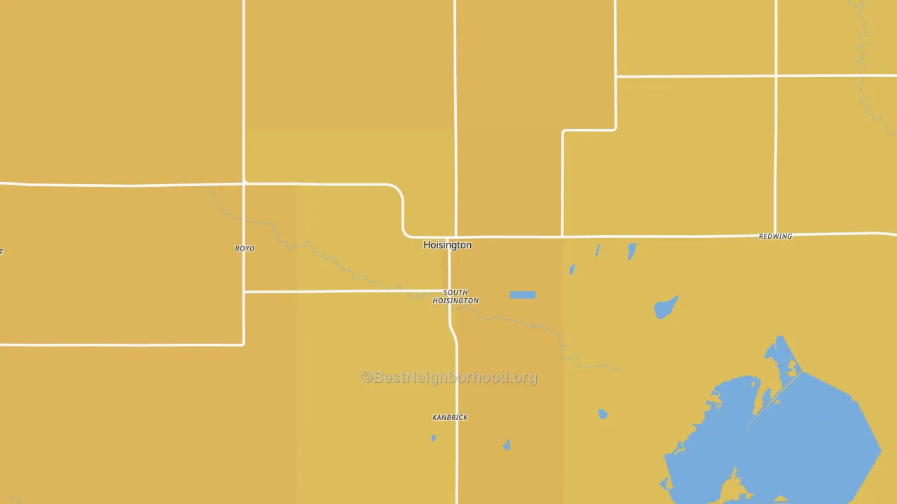 Map of the best neighborhoods in the Hoisington area, with better matches in green and worse matches in red