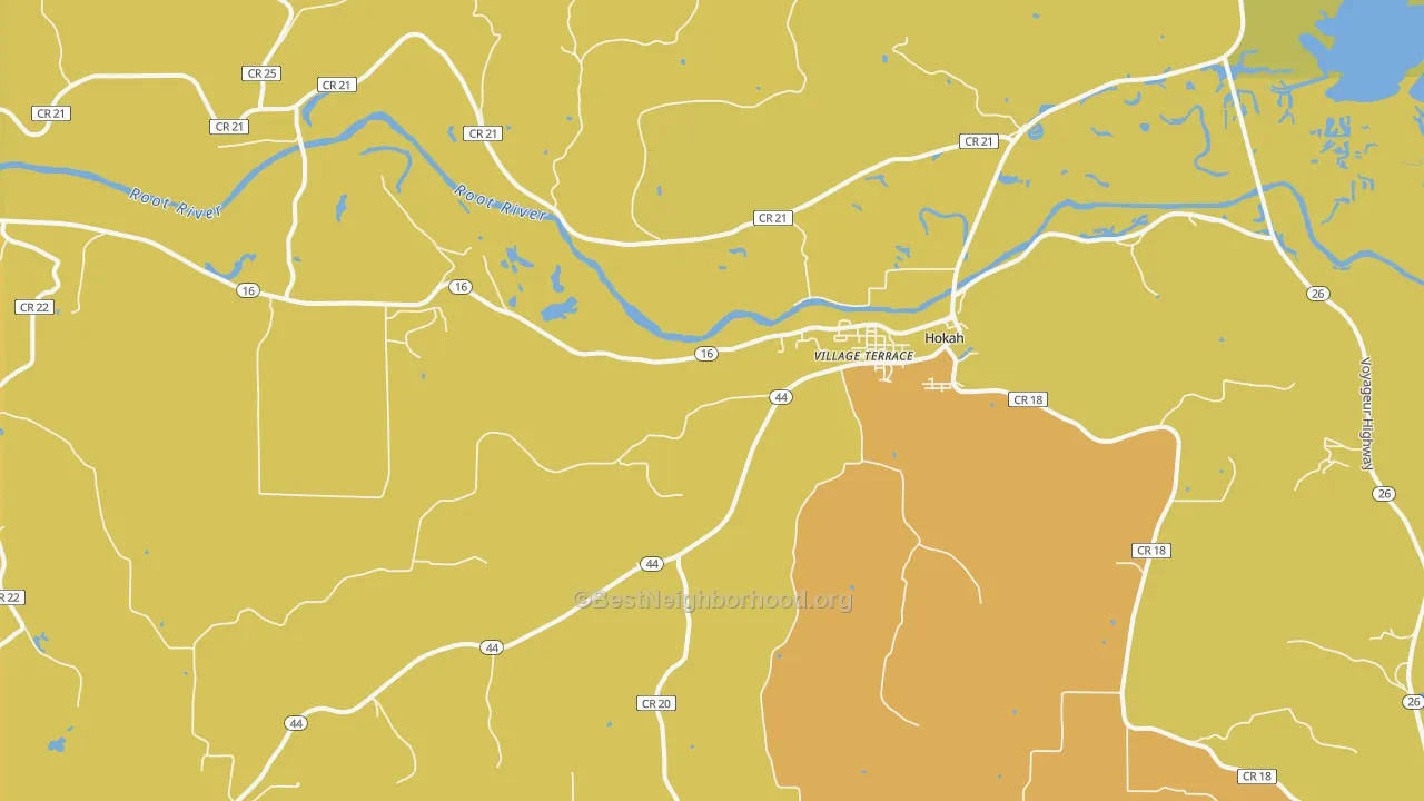 Map of the best neighborhoods in the Hokah area, with better matches in green and worse matches in red